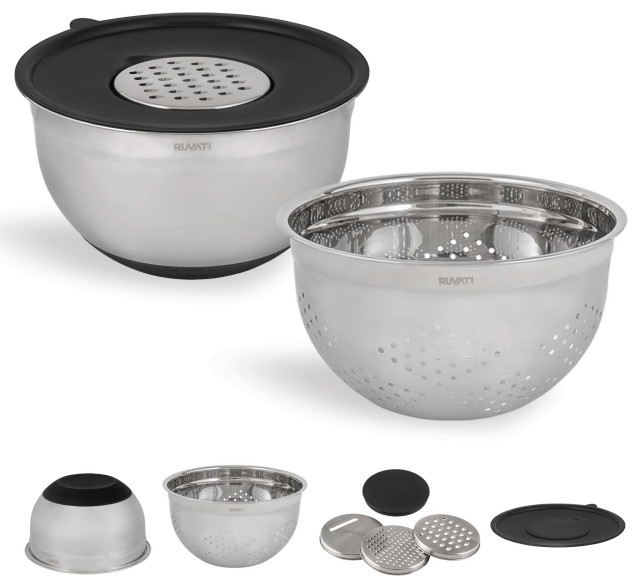Ruvati 5 Quart Mixing Bowl and Colander Set With Grater Attachments