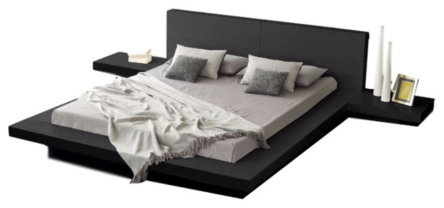 Fujian Modern Queen Platform Bed With 2 Night Stands 3 Piece Set Ash Black