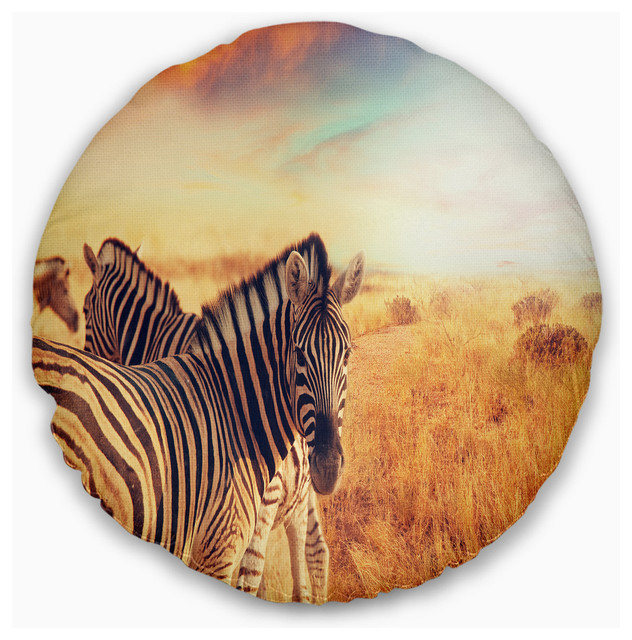Zebras Herd In Field At Sunset African Throw Pillow Contemporary