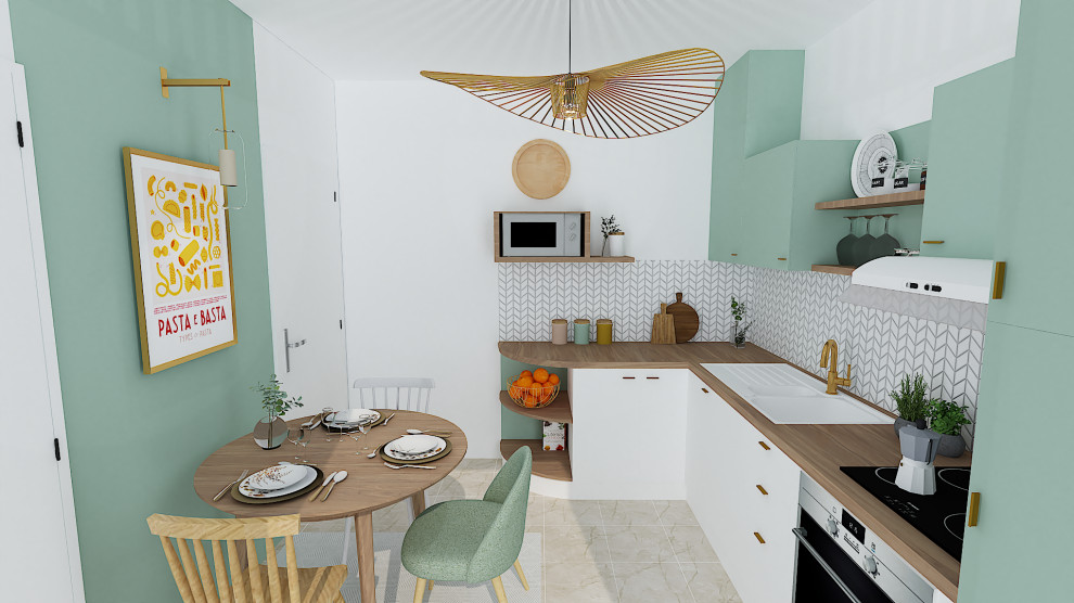 Inspiration for a small eclectic l-shaped enclosed kitchen in Nantes with a double-bowl sink, flat-panel cabinets, green cabinets, wood worktops, white splashback, travertine splashback, integrated appliances, marble flooring and beige floors.
