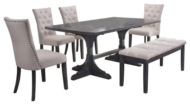 6pc Gray Wood Dining Set with Light Gray Linen Fabric Seats + Bench