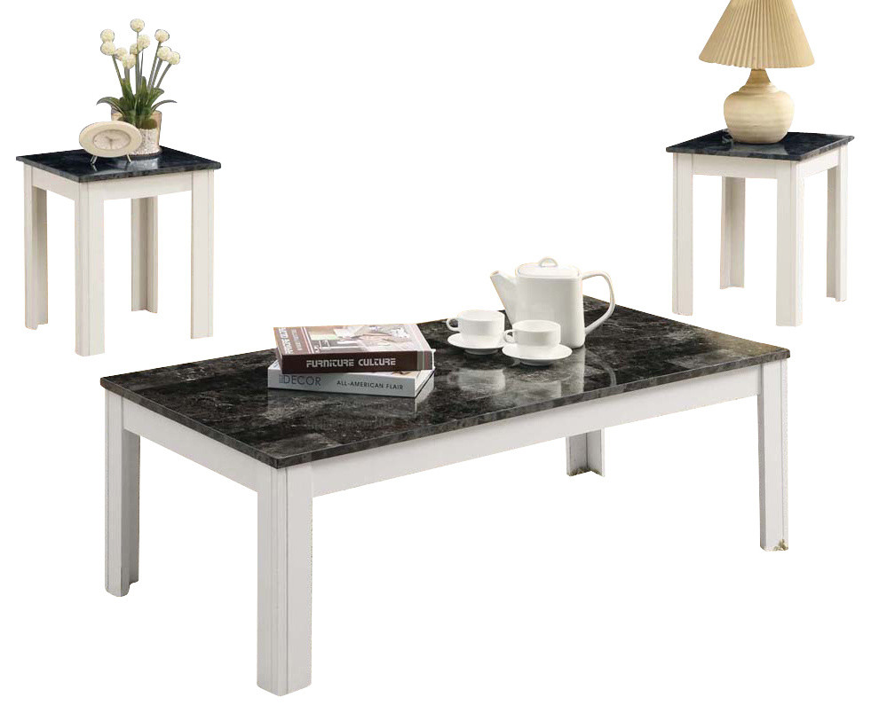 Monarch Specialties 7844P 3-Piece Coffee Table Set in Grey Marble and White