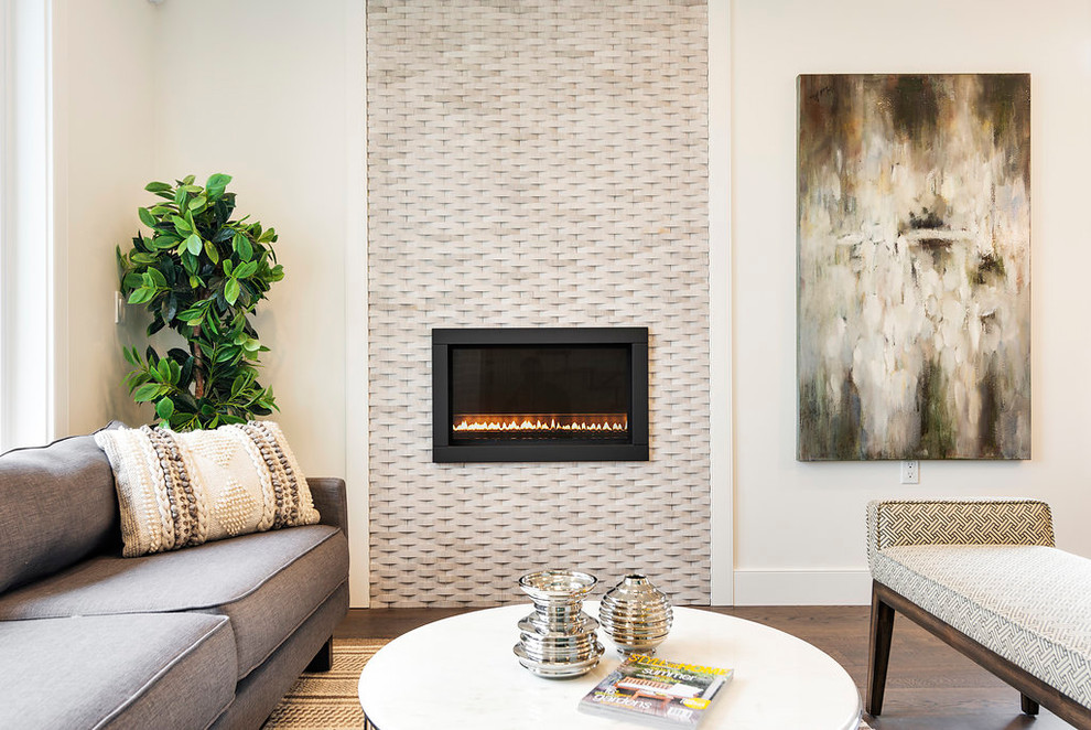 Design ideas for a contemporary living room in Vancouver with a ribbon fireplace.