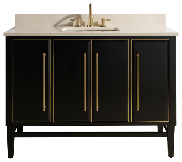 Avanity Mason 48 in. Vanity in Black with Gold Trim and Crema Marfil Marble Top