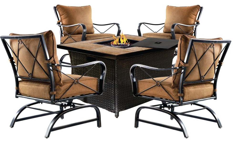5 Pieces Outdoor Set, Comfy Cushioned Rockers With Square Fire Pit ...