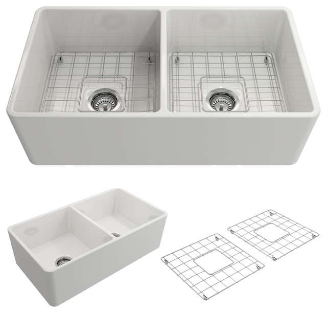 Bocchi Clico Farmhouse A Front 33 Double Bowl Kitchen Sink White Bocchi Clico Farmhouse A Front 33 Double Bowl Kitchen Sink White