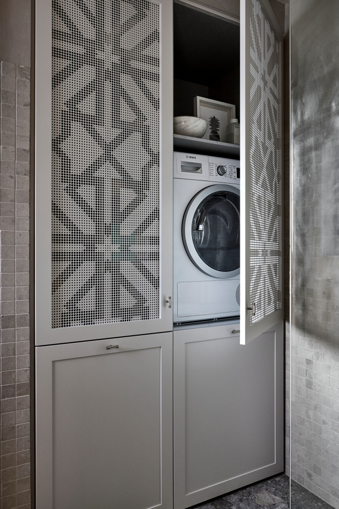 Design ideas for a mid-sized transitional master bathroom in Sydney with furniture-like cabinets, white cabinets, a freestanding tub, an open shower, a one-piece toilet, beige tile, marble, grey walls, porcelain floors, an undermount sink, marble benchtops, grey floor, an open shower, a laundry, a single vanity and a floating vanity.