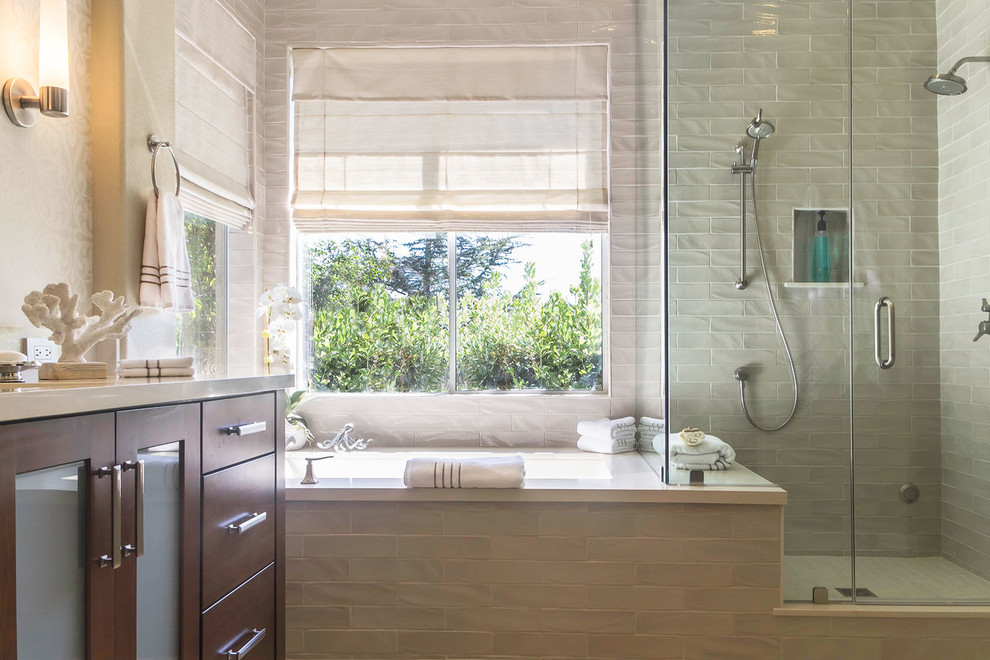 Large beach style master bathroom in Los Angeles with an undermount sink, flat-panel cabinets, engineered quartz benchtops, a corner shower, beige tile, white tile, subway tile, dark wood cabinets, an undermount tub, white walls, a hinged shower door, vinyl floors and beige floor.