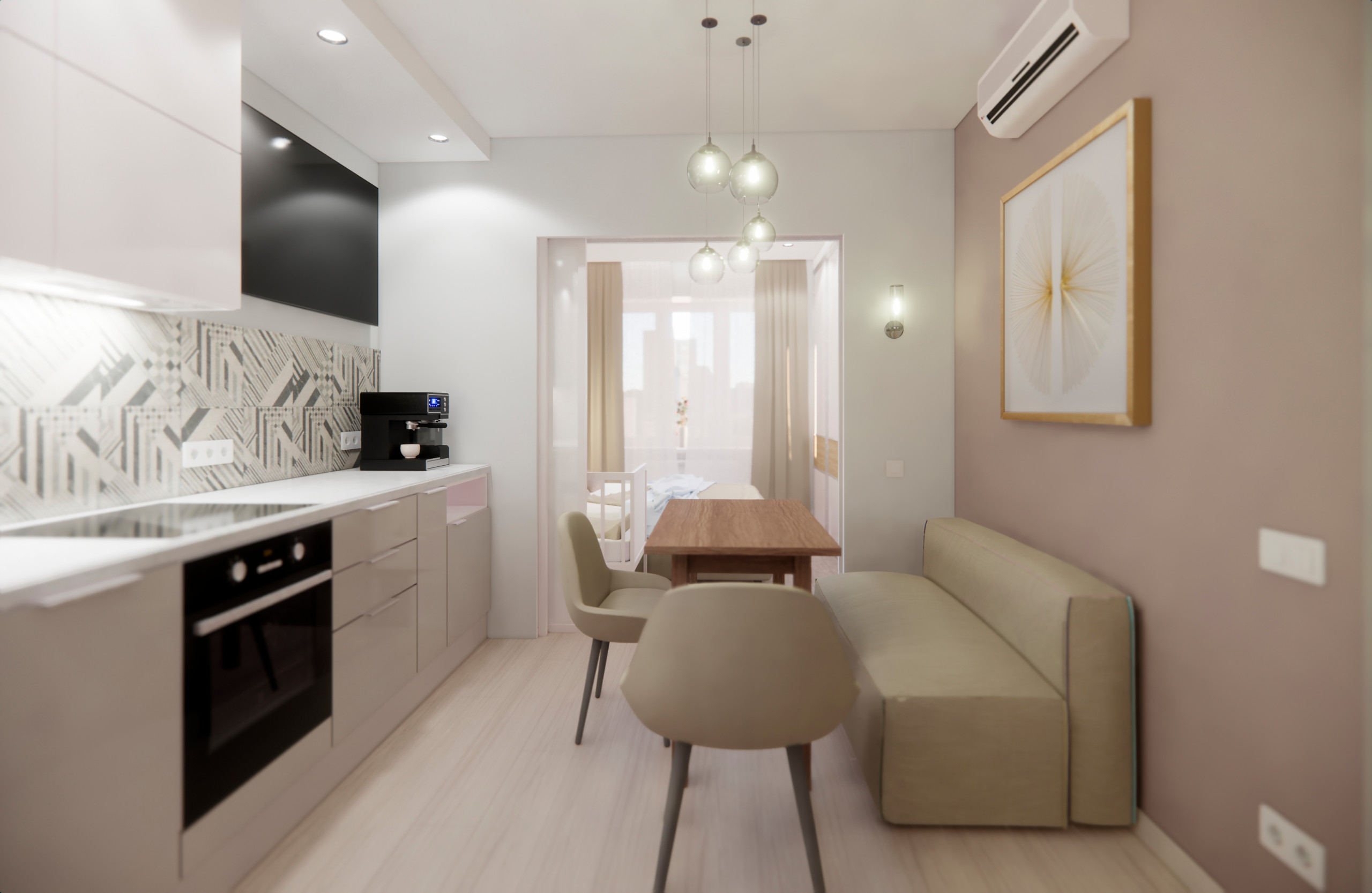 Квартира в минималистичном стиле в Пушкино - прихожая, кухня и гостиная