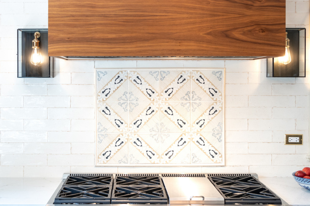 Warm Transitional Range Wall With Walnut Hood & Patterned Tile