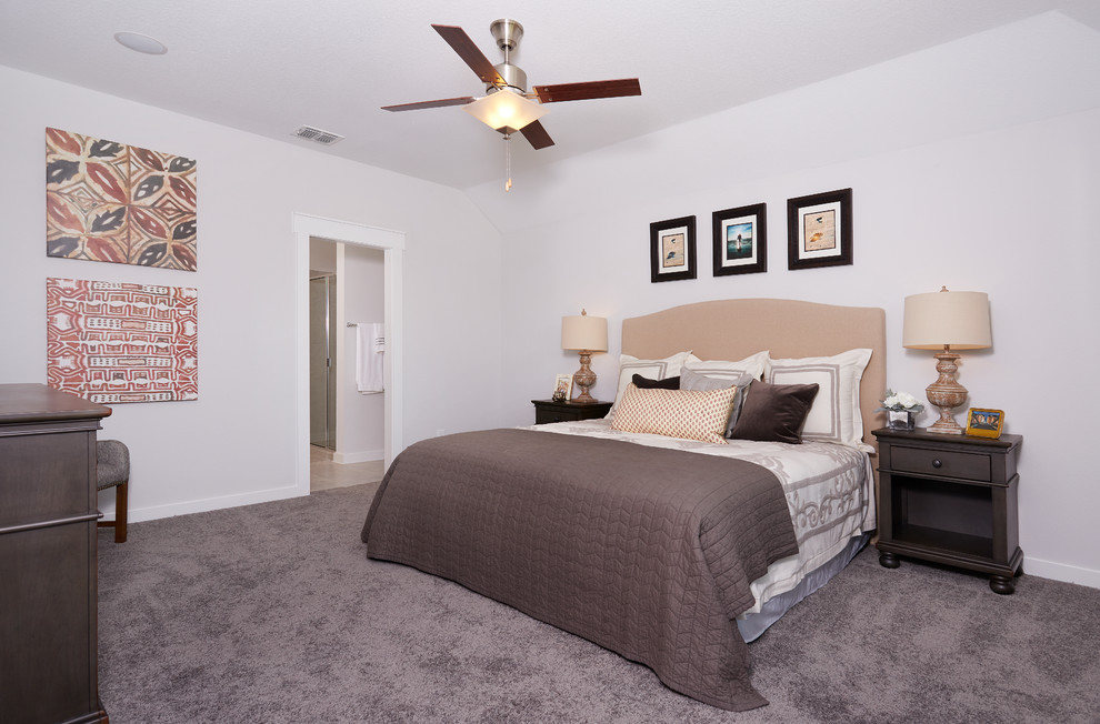 Photo of a mid-sized contemporary master bedroom in Other with white walls, carpet and grey floor.