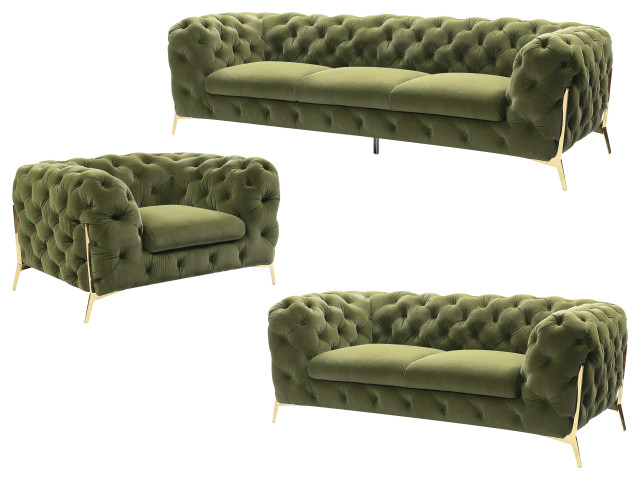 3 Piece Sofa Set, Gold Glam Luxe Hollywood Regency Sofa Set, Tufted