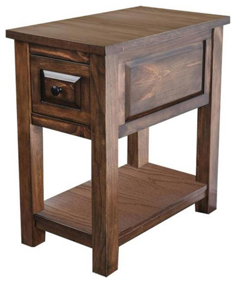 Wooden Side Table With One Drawer, Walnut Finish Transitional Side