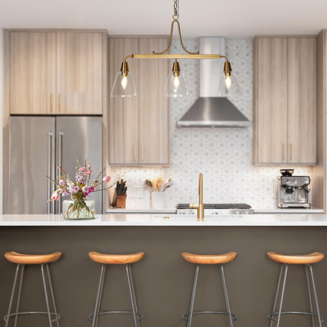 LNC Modern Contemporary 3Light Polished Gold Kitchen Island Light