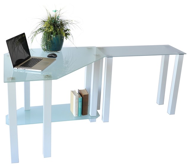 Frosted Glass Gloss White Corner Computer Desk With Right