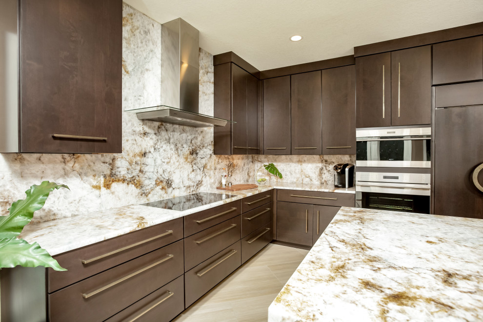 Inspiration for a large transitional l-shaped beige floor eat-in kitchen remodel with an undermount sink, flat-panel cabinets, dark wood cabinets, marble countertops, multicolored backsplash, marble backsplash, paneled appliances, an island and multicolored countertops