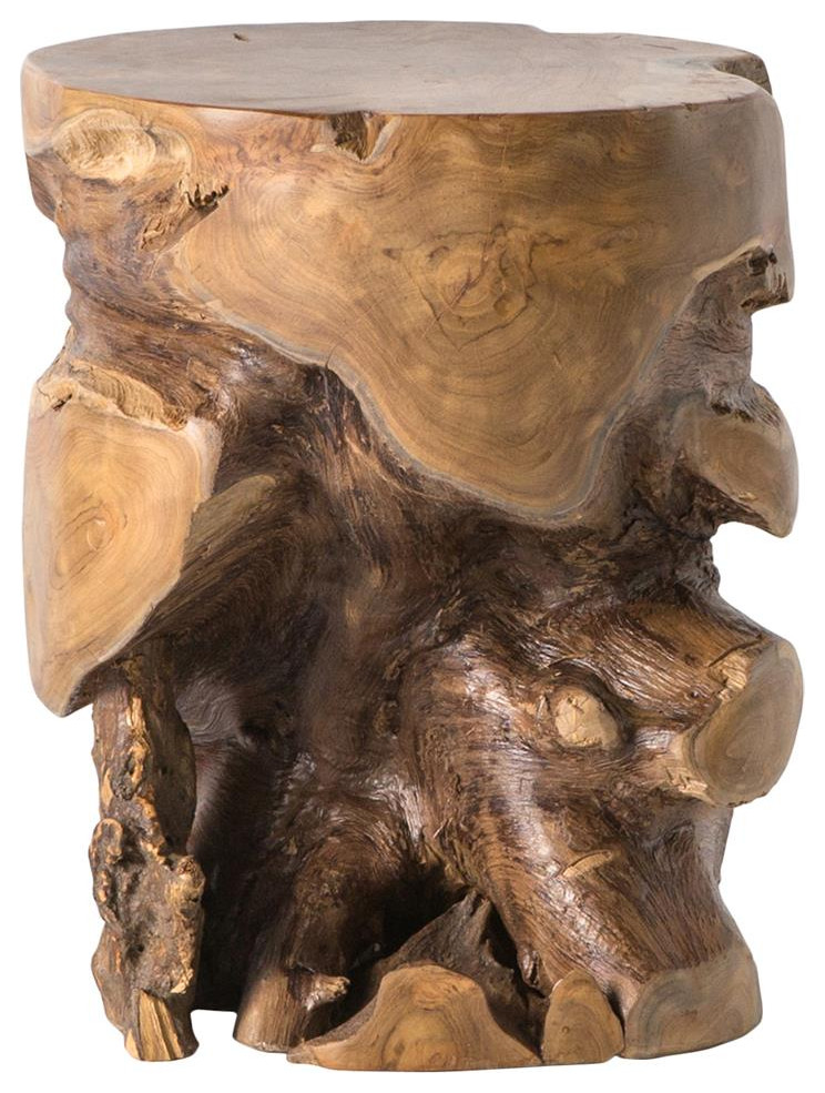 Organic Live Edge Round Teak Root Stool End Table Rustic Outdoor
