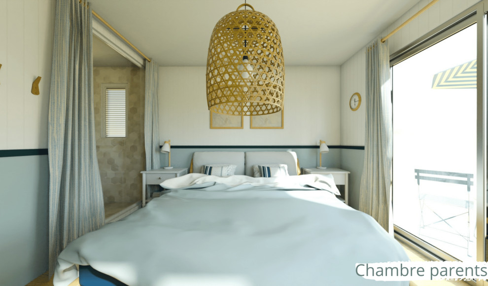 Kleines Maritimes Hauptschlafzimmer mit blauer Wandfarbe, Bambusparkett, beigem Boden und Holzdielenwänden in Paris