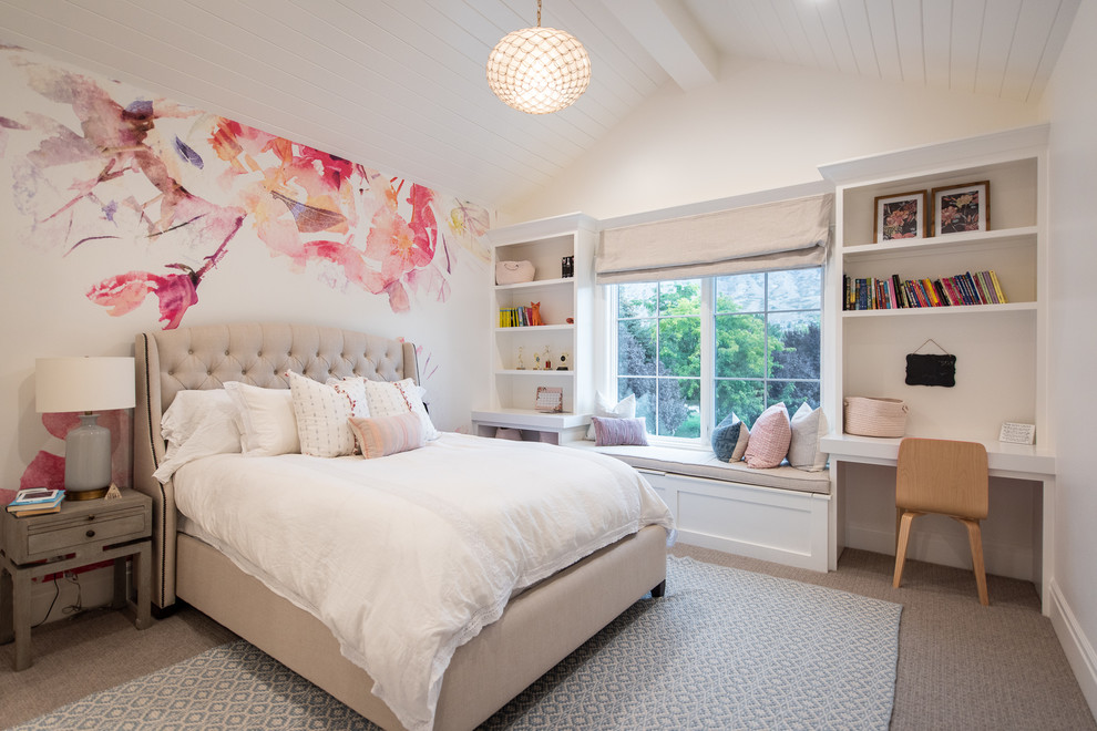 This is an example of a country bedroom in Salt Lake City with white walls, carpet and grey floor.