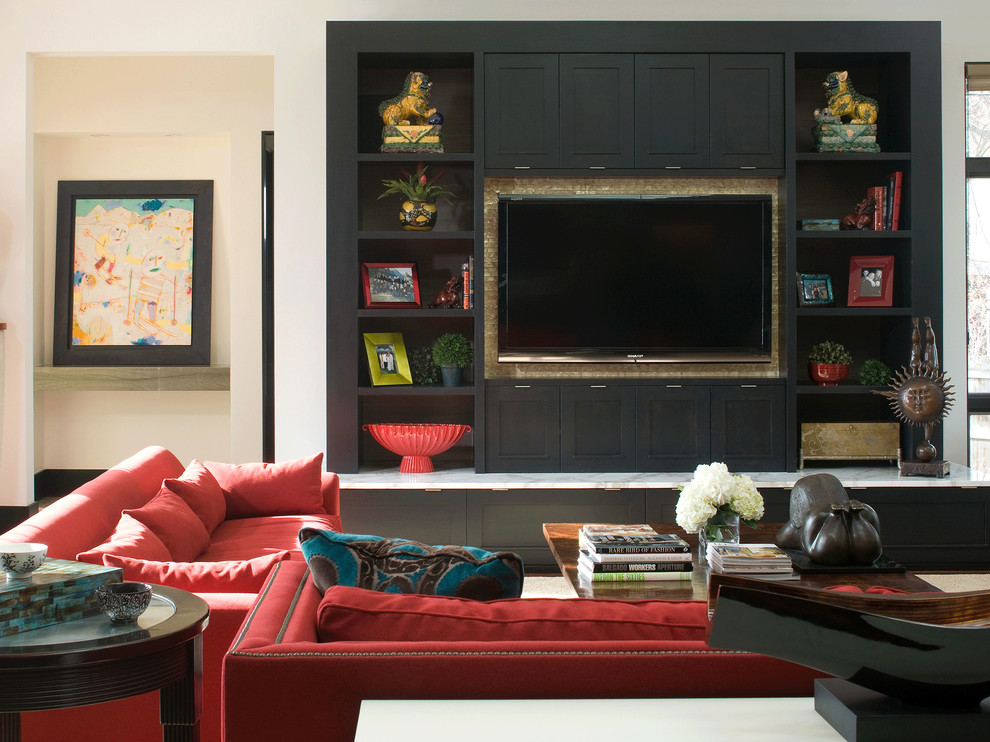 Inspiration for a contemporary living room in Denver with a built-in media wall.