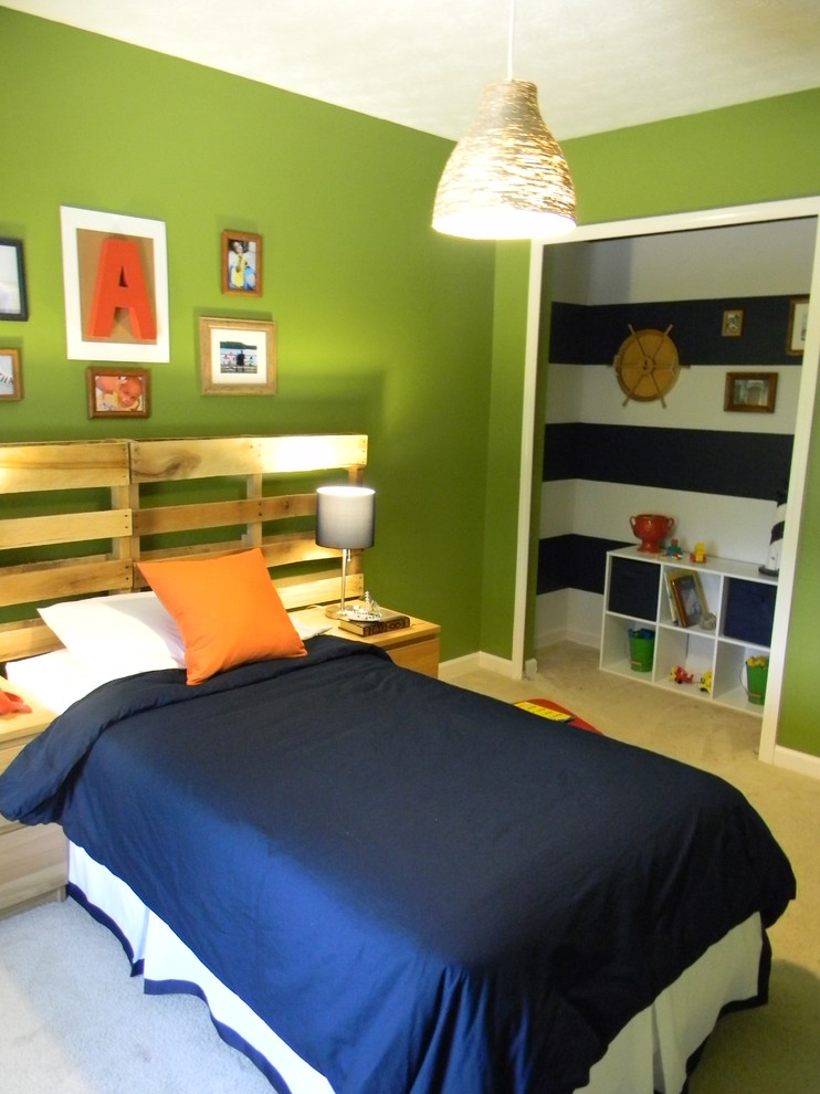 Eclectic kids' bedroom in Atlanta with green walls for kids 4-10 years old and boys.