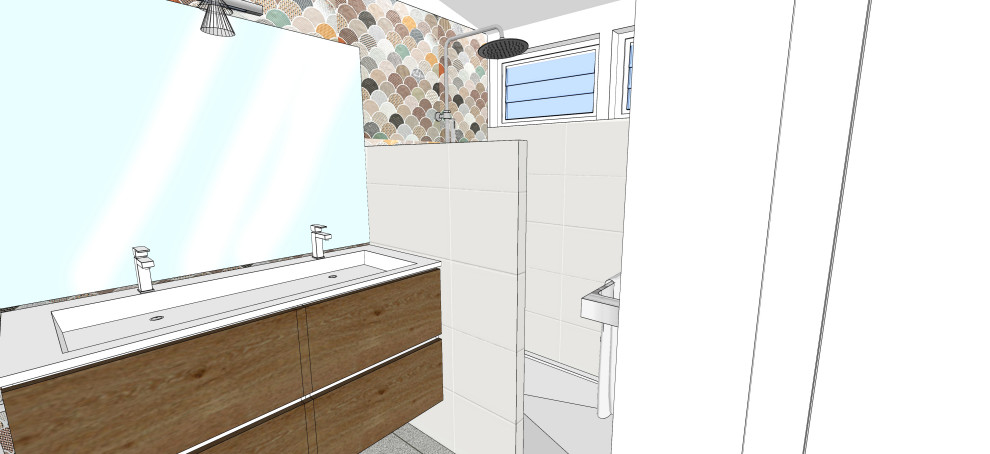 This is an example of a small eclectic 3/4 bathroom in Other with flat-panel cabinets, white cabinets, a curbless shower, a two-piece toilet, multi-coloured tile, ceramic tile, white walls, ceramic floors, a trough sink, solid surface benchtops, beige floor, an open shower, white benchtops, a shower seat, a double vanity, a built-in vanity and wood.