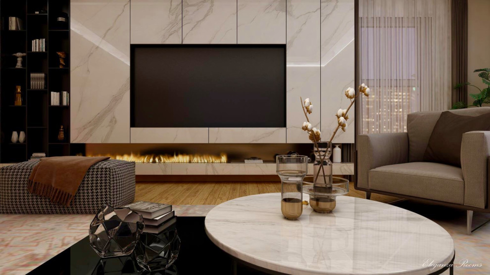 Inspiration for a modern living room in Los Angeles with beige walls, light hardwood floors, a stone fireplace surround, a built-in media wall and yellow floor.