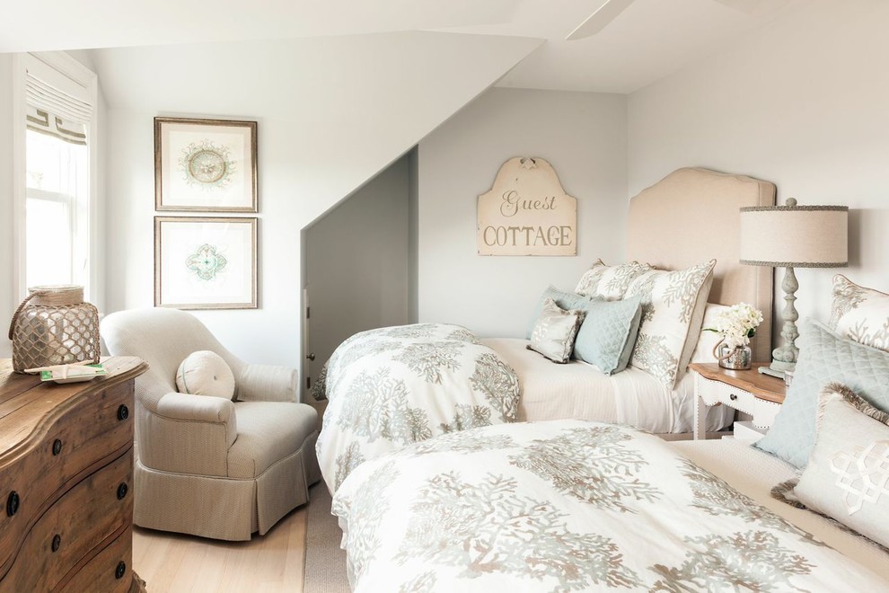 Bedroom - mid-sized coastal guest light wood floor bedroom idea in Boston with blue walls and no fireplace