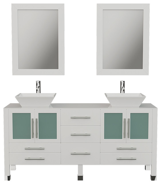 63" Solid White Wood Vanity porcelain counter top Two vessel sinks Contemporary Bathroom