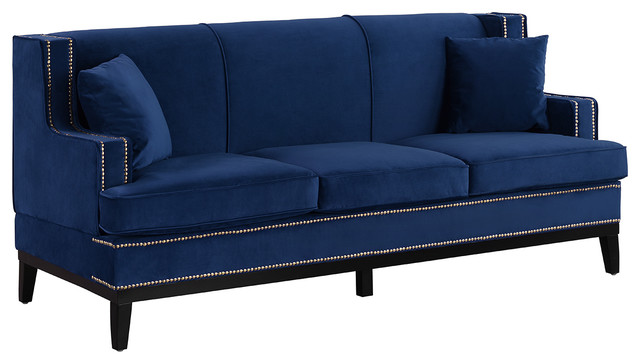 Classic Velvet Sofa Nailhead Trim Accent Living Room Blue