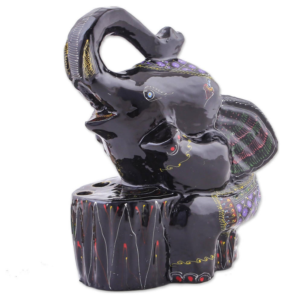 NOVICA Flirty Elephant And Lacquered Wood Pencil Holder