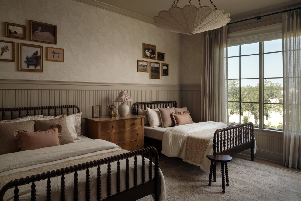 Manor - Inspiration for a transitional medium tone wood floor, brown floor, wainscoting and wallpaper kids' room remodel in Austin with beige walls