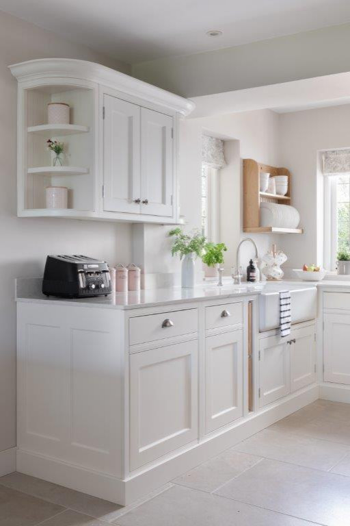Design ideas for a large traditional grey and white kitchen/diner in Hampshire with a belfast sink, shaker cabinets, grey cabinets, wood worktops, stone tiled splashback, integrated appliances, limestone flooring, an island, beige floors, grey worktops and a chimney breast.