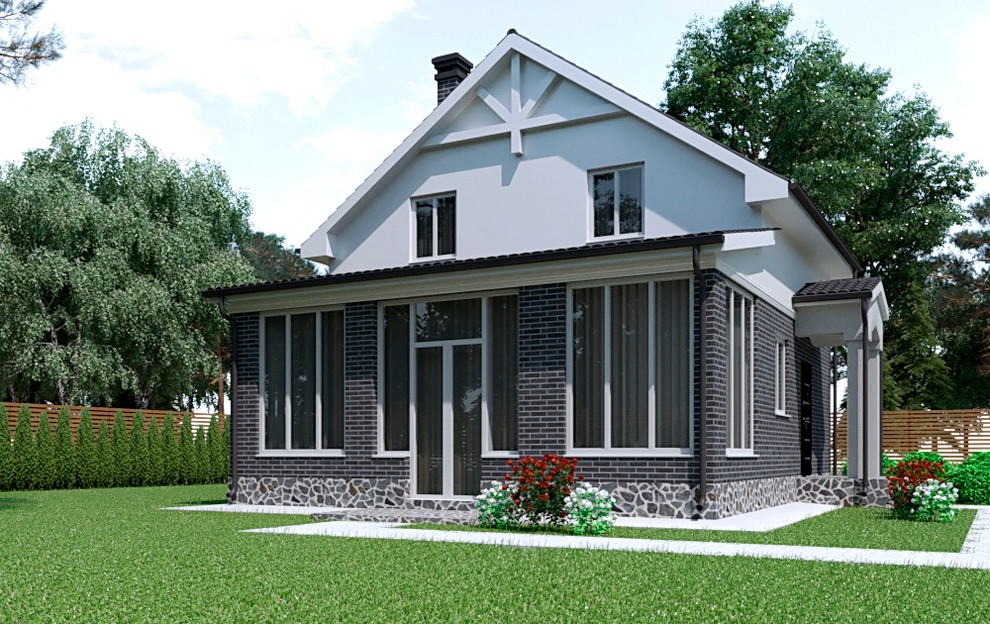 "Экстерьер небольшого домика с ландшафтом"