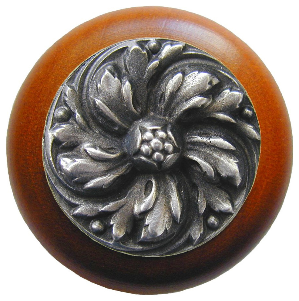 Chrysanthemum Wood Knob, Antique Brass, Cherry Wood Finish
