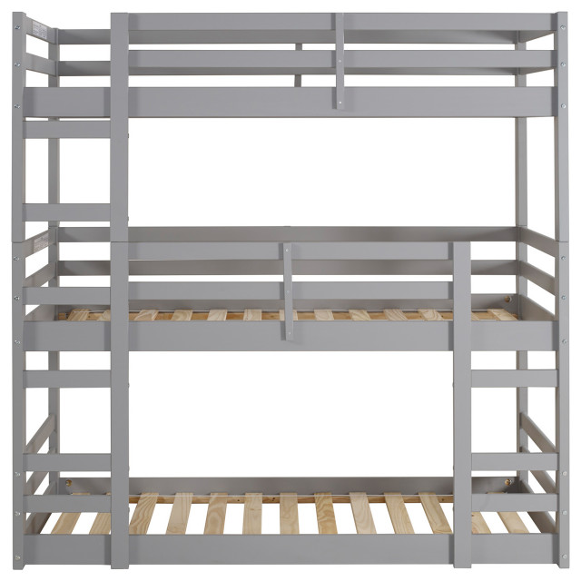 Solid Wood Triple Bunk Bed, Gray Transitional Bunk Beds by