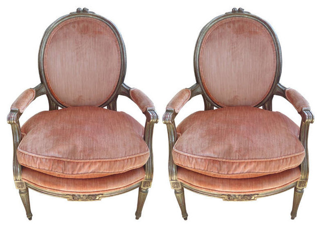 Plush Pair of Louis XVI style Silver Giltwood and Velvet Salon Chairs