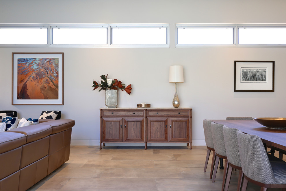 Photo of a large contemporary open plan dining in Adelaide with grey walls, porcelain floors, no fireplace and grey floor.