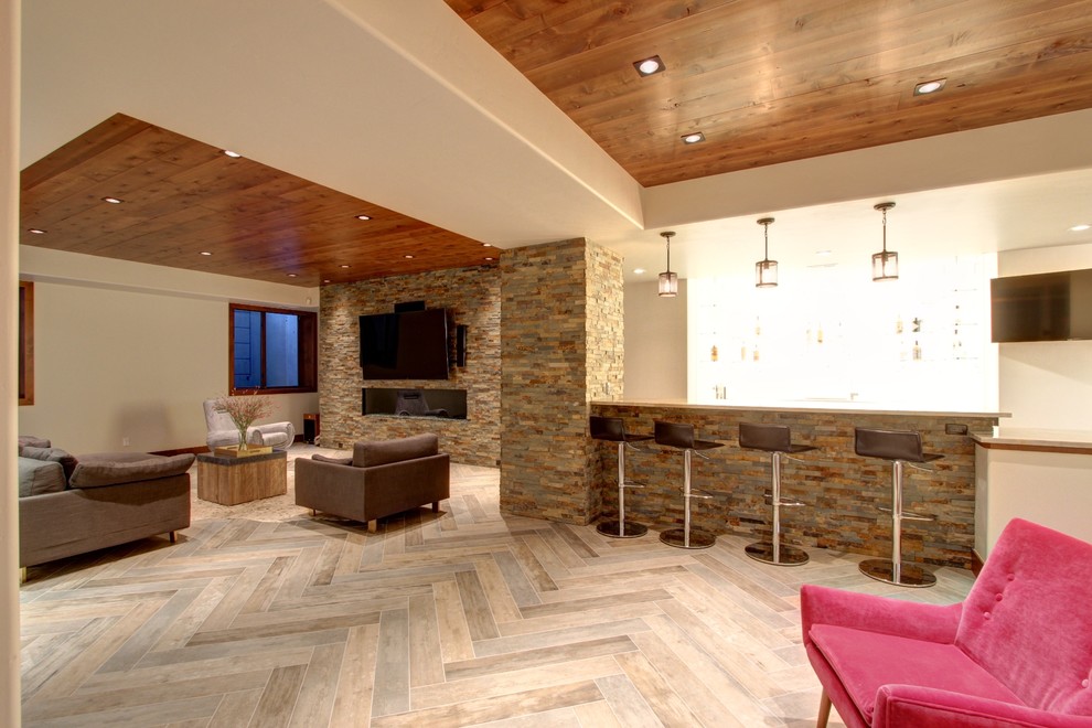 Photo of a contemporary u-shaped wet bar in Denver with an undermount sink, flat-panel cabinets and brown cabinets.