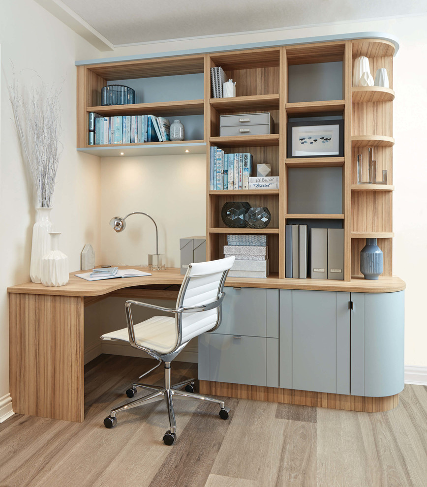 Design ideas for a small transitional study room in Other with white walls, laminate floors, a built-in desk and beige floor.