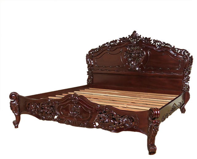 solid mahogany chocolate french rococo style carved panel king bed
