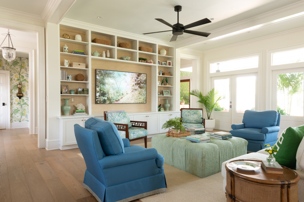 Medium sized nautical open plan living room in Orlando with a wall mounted tv.