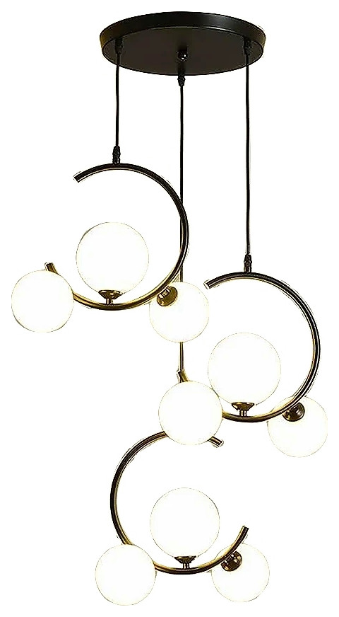 MIRODEMI® Sauze | Art Iron Chandelier with Ball-Shaped Ceiling Lights, Black, 3 Heads - Round Base, Amber Glass, Warm Light