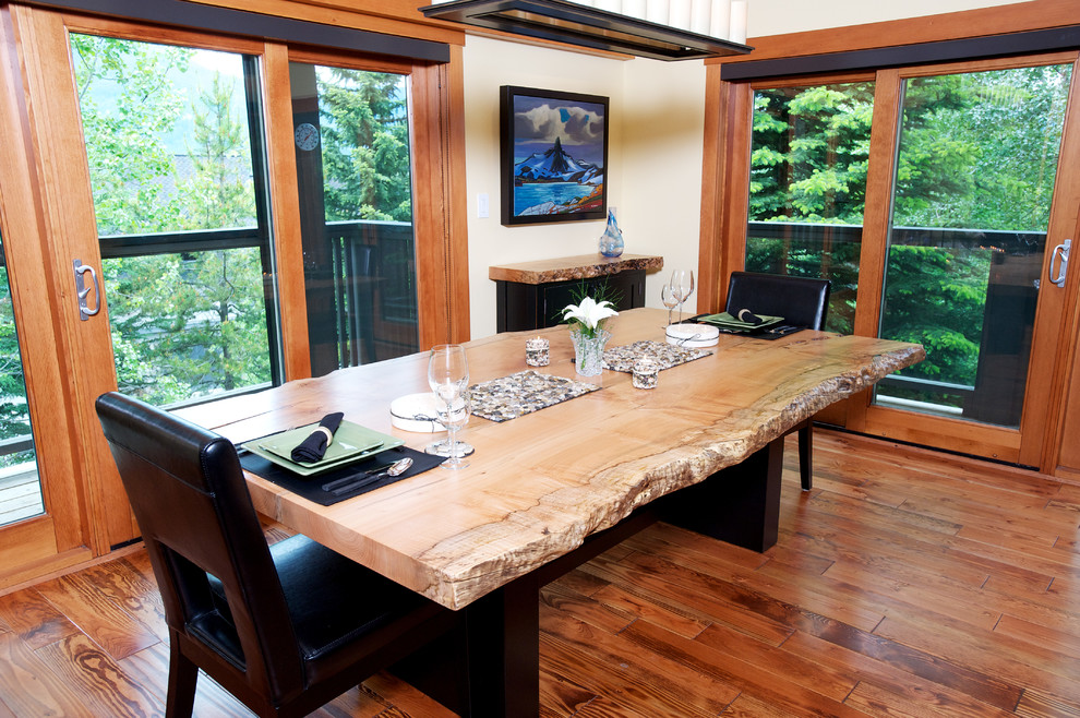 Mid-sized mountain style medium tone wood floor and brown floor dining room photo in Vancouver with yellow walls and no fireplace