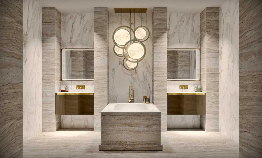 Design ideas for a mid-sized modern master bathroom in Austin with flat-panel cabinets, white tile, white walls, a vessel sink, solid surface benchtops, a niche, a single vanity, a floating vanity, brown cabinets, porcelain floors, white floor and multi-coloured benchtops.
