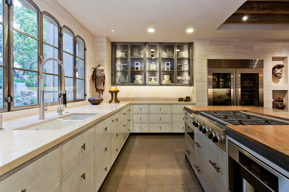 Photo of an eclectic kitchen in San Francisco with wood benchtops, a double-bowl sink and stainless steel appliances.