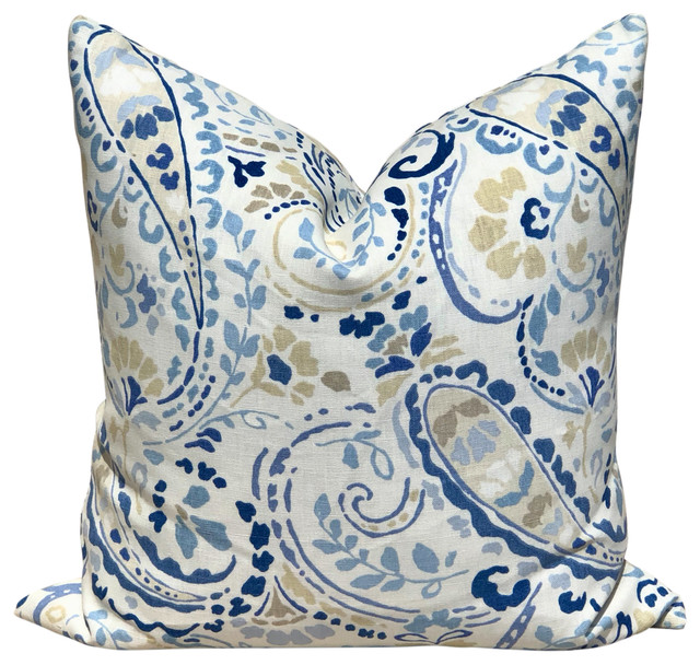 Paisley Linen Pillow, Blue/White Lumbar Paisley Cover, 22"x22", Without Insert
