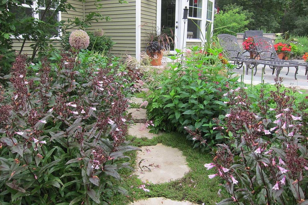 This is an example of a large traditional backyard partial sun xeriscape for summer in Chicago with a garden path and natural stone pavers.