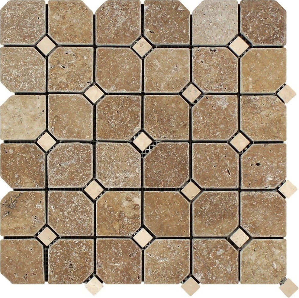 12"x12" Noce Tumbled Travertine Octagon Mosaic With Ivory Dots, Set of 50