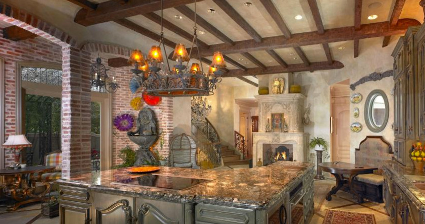 Inspiration for a rustic marble floor open concept kitchen remodel in Dallas with raised-panel cabinets, gray cabinets, marble countertops, stainless steel appliances and an island